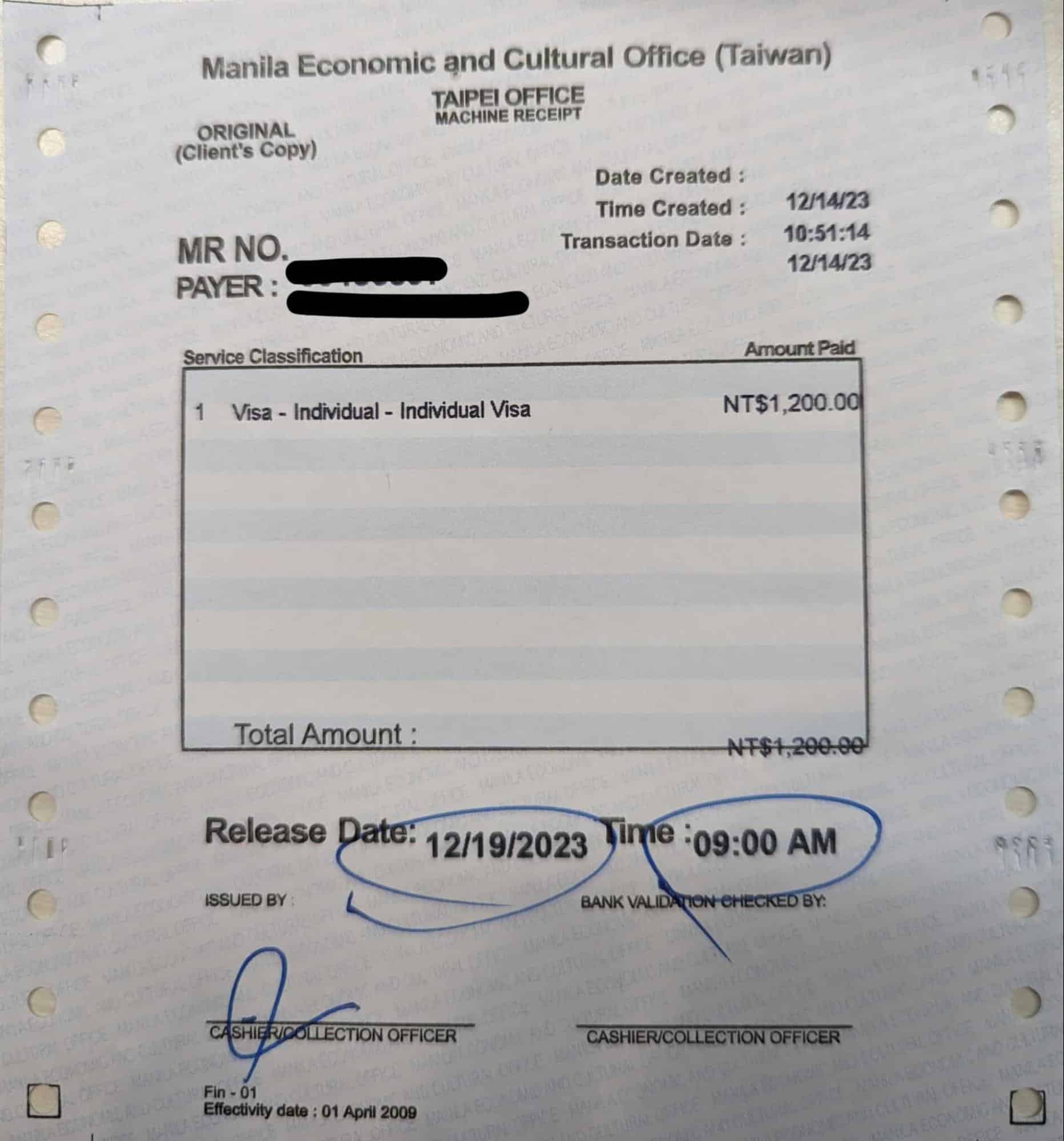 菲律賓紙本簽證申請繳費單